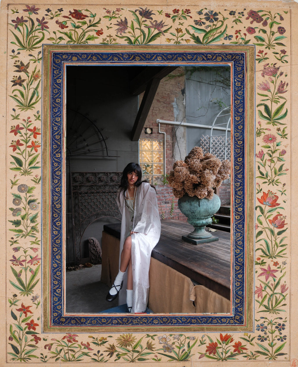 'The Rudaba' in Freshwater Pearl · Silver Gunaa on Paat Silk with Kesa Paat Sleeves